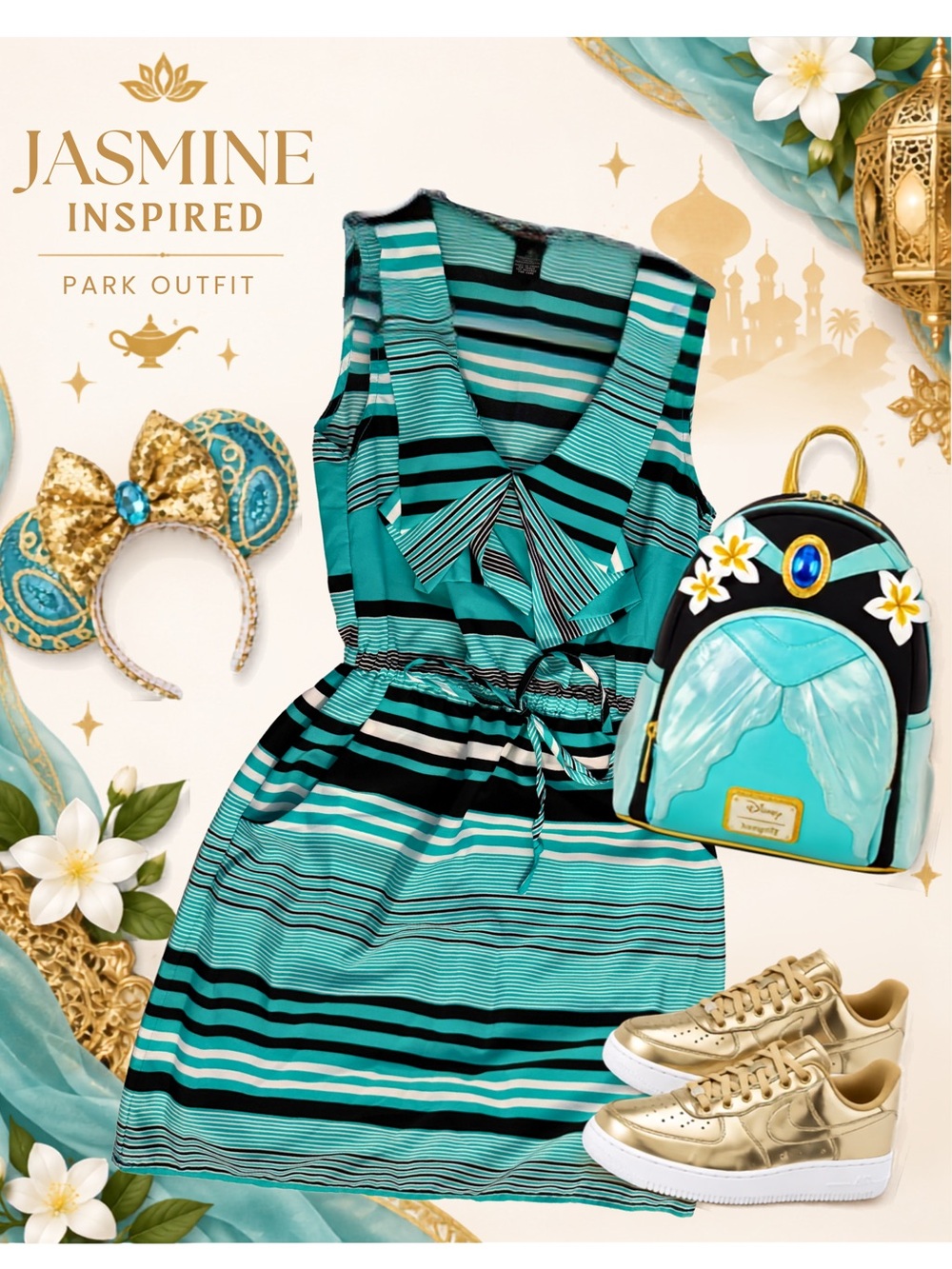 Jasmine Inspired Teal Striped Dress with pockets - perfect for the Parks